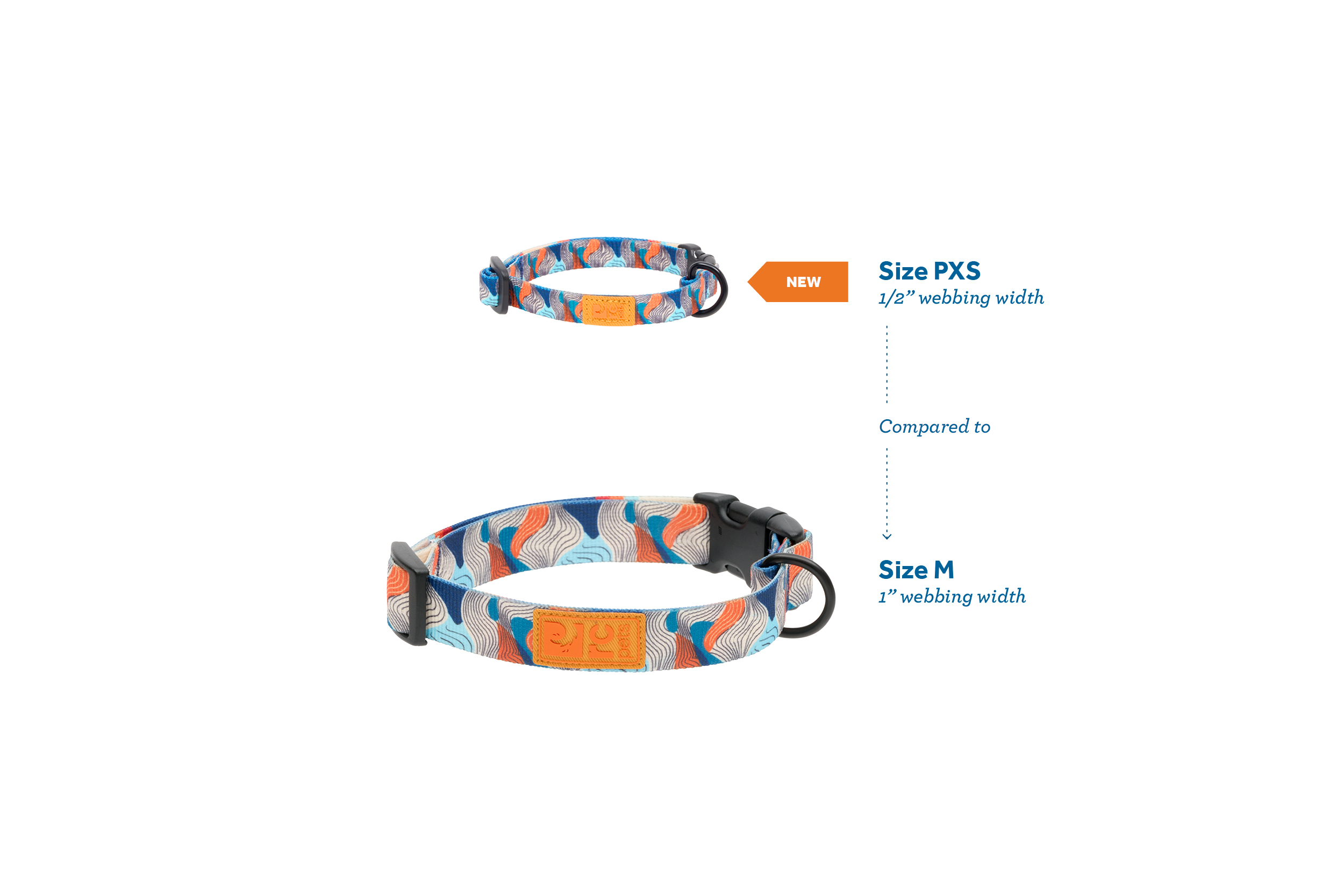 Dog collar with size options and colorful pattern.
