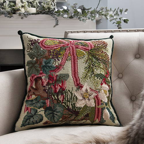 Winter Wreath needlepoint cushion on chair