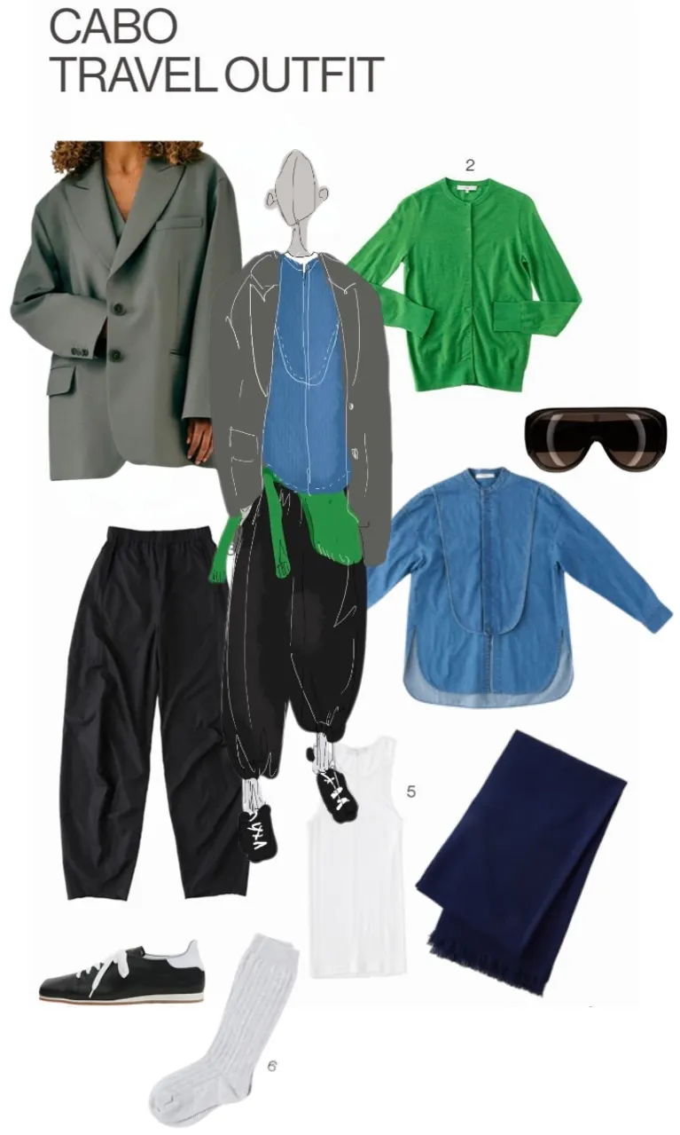 Cabo travel outfit featuring various clothing items and accessories.