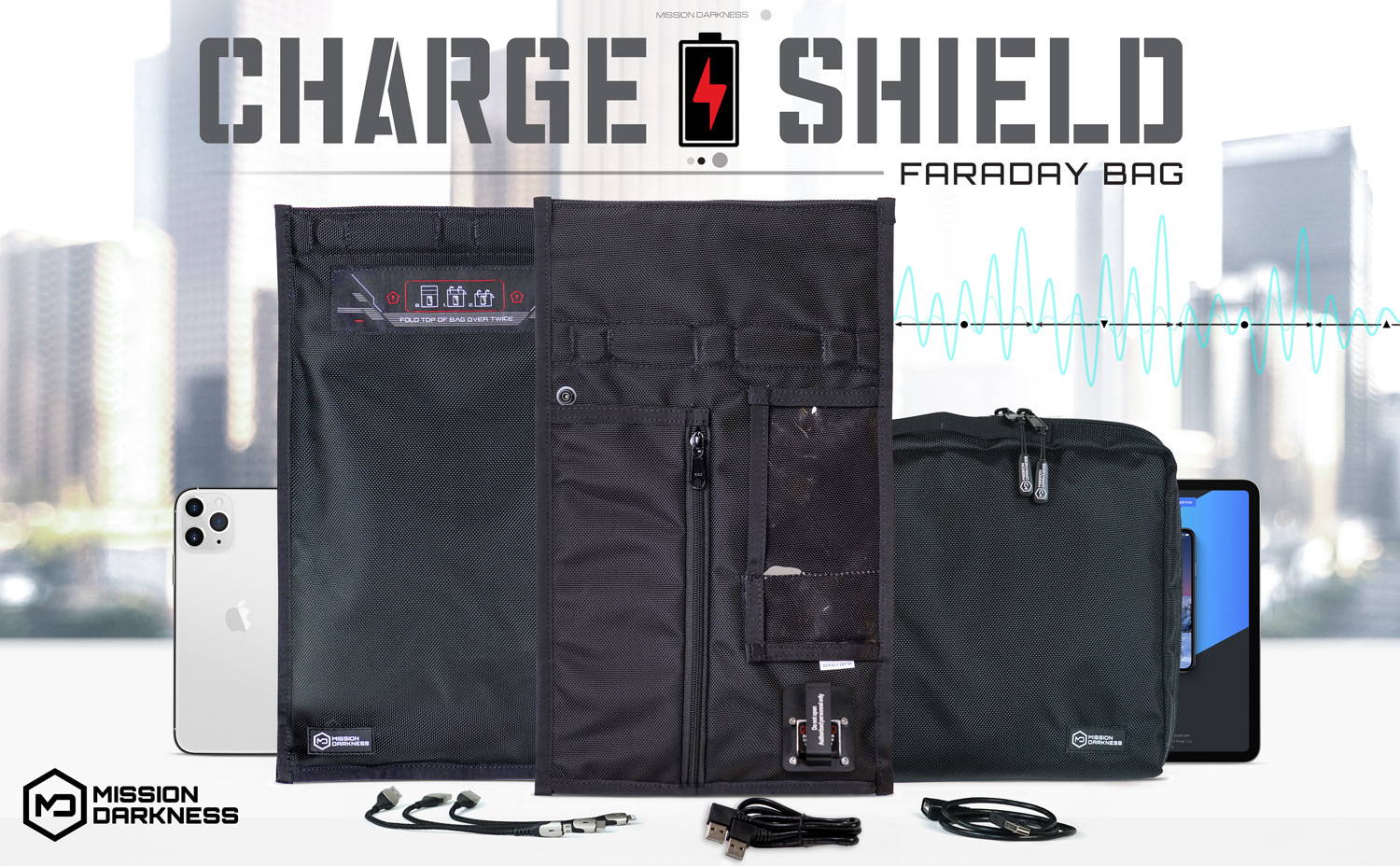 Mission Darkness Non-window Charge & Shield Faraday Bag offers RF shielded mobile device connectivity