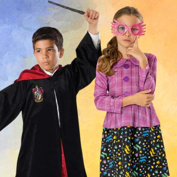 A blue and yellow background with two Harry Potter characters. Harry Potter and Luna Lovegood Costumes. Click to shop all Harry Potter Book Week Costumes.