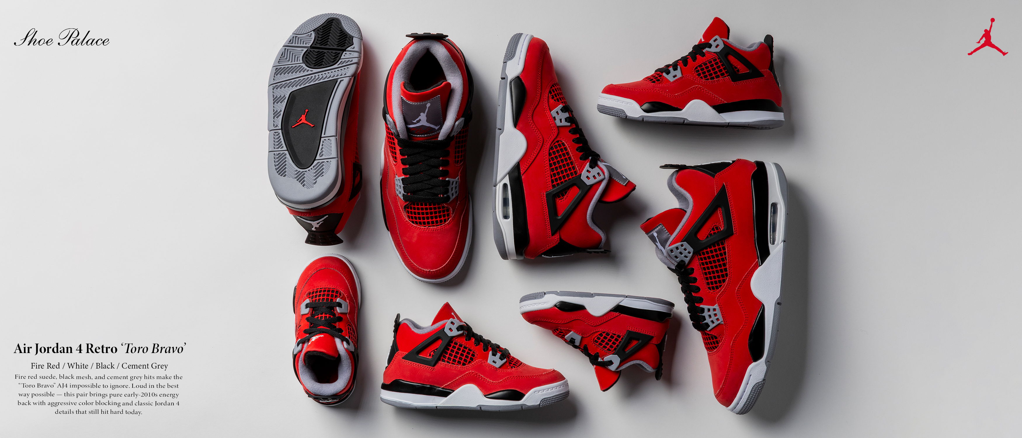 Collection of red Jordan sneakers arranged creatively on a grey background.