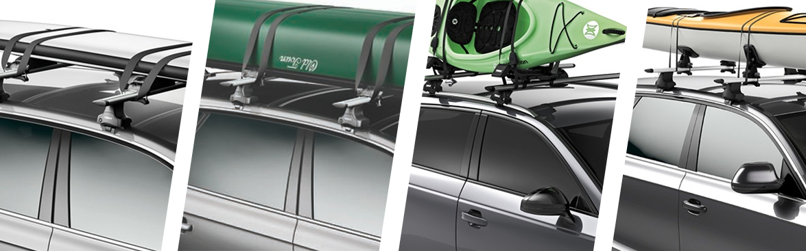 Photo collage of cars with rack accessories like canoe holders.
