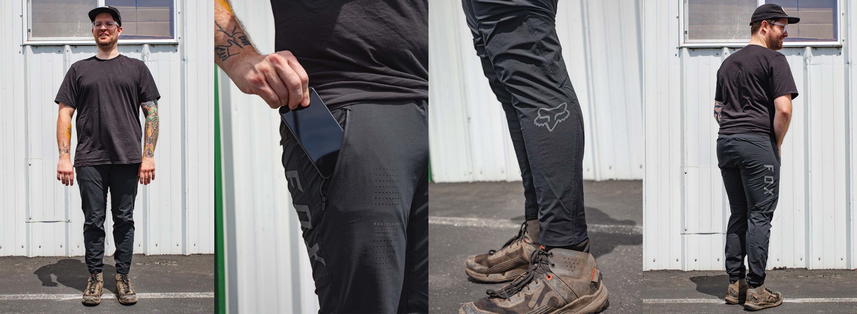 image collage of colin wearing the fox flexair mountain bike pants in black against a white wall