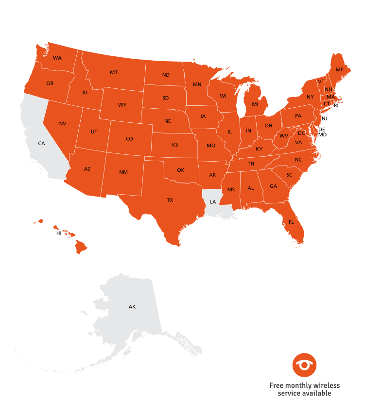 Map of the United States highlighting the 47 States where you can recieve free monthly wireless service. The following States are currently excluded. Alaska, California, Louisiana