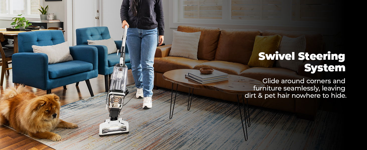 Person vacuuming living room with dog nearby and furniture around.