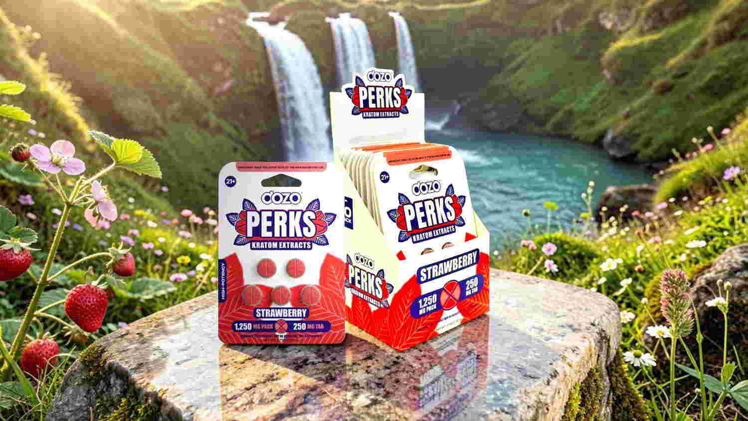 Two packages of candy near a waterfall in a scenic landscape.
