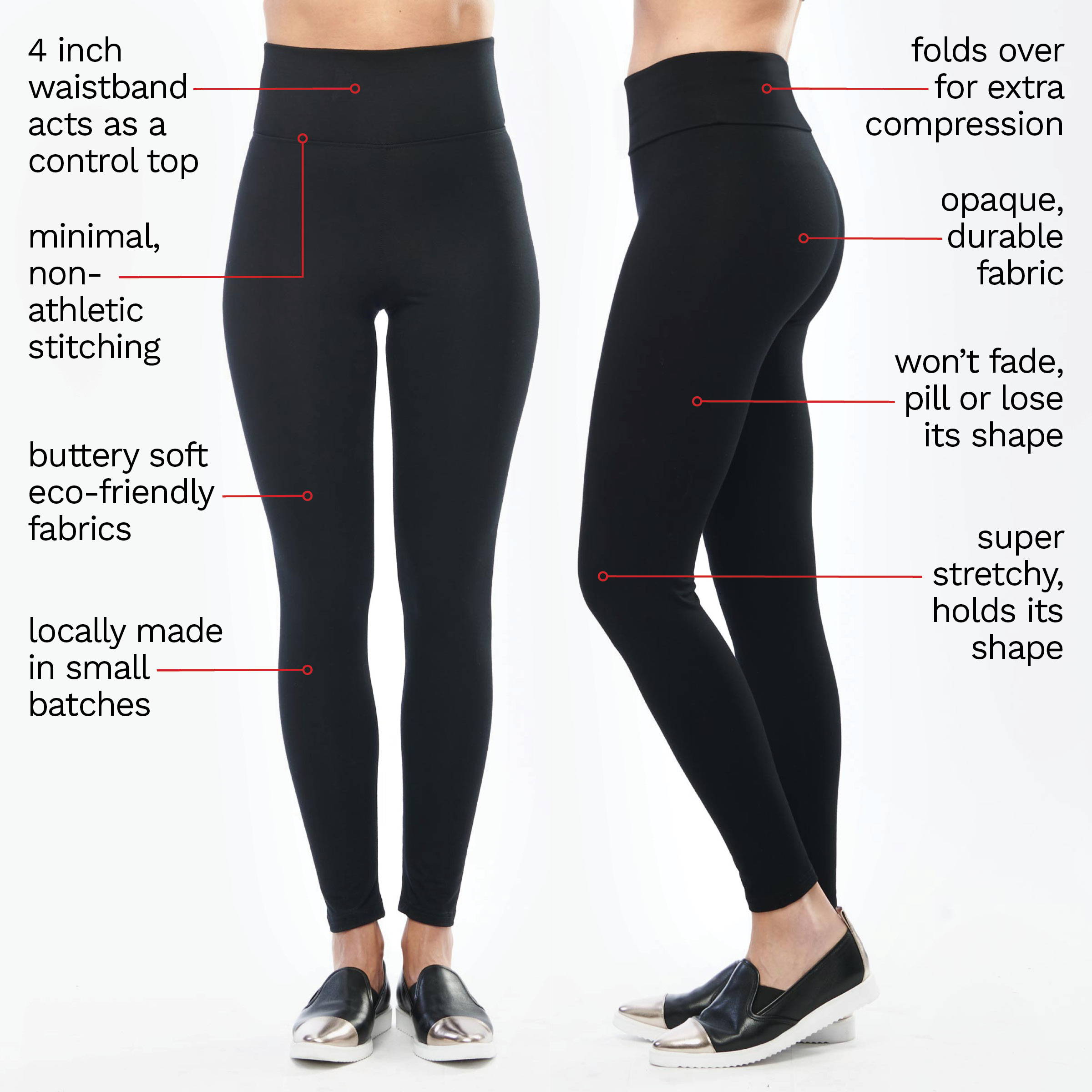 A closeup image of Miik's leggings with writings on the size talking about the features.