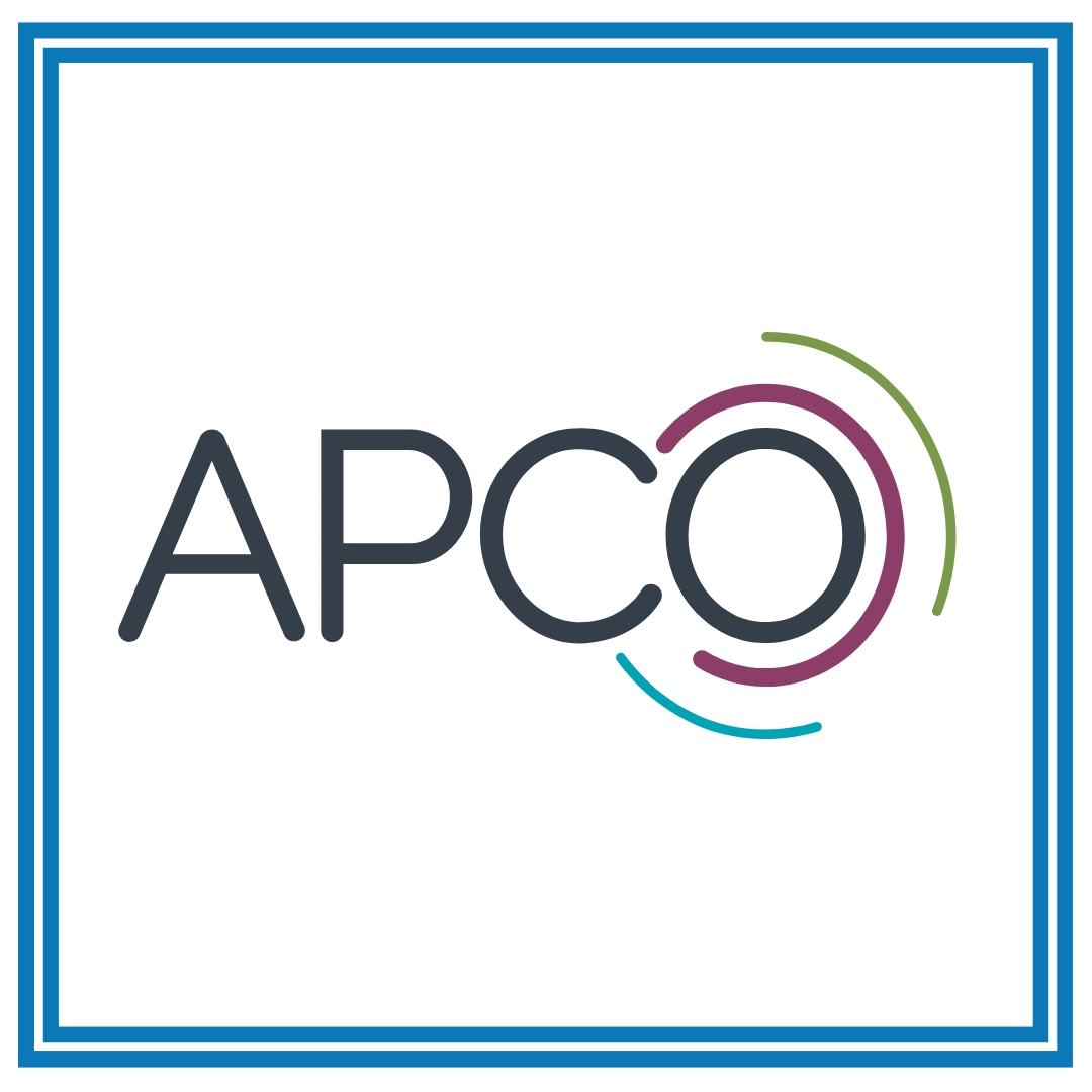 Logo of APCO with colorful circular accents.
