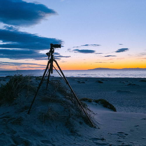 Sony A7R3 camera on a tripod at the beach at sunset Samson Hatae