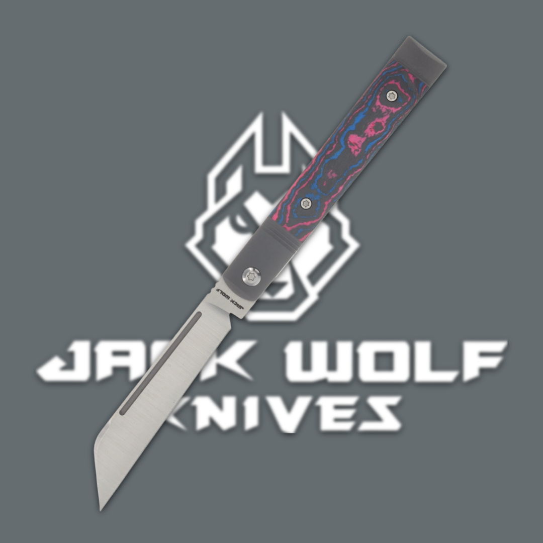 Knife with a decorative handle, featuring the Jack Wolf Knives logo.