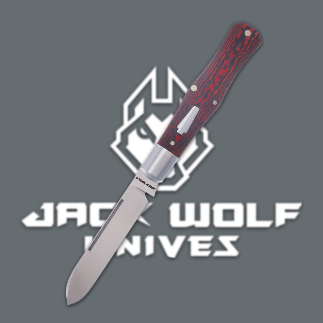 A folding knife with a red handle and silver blade.