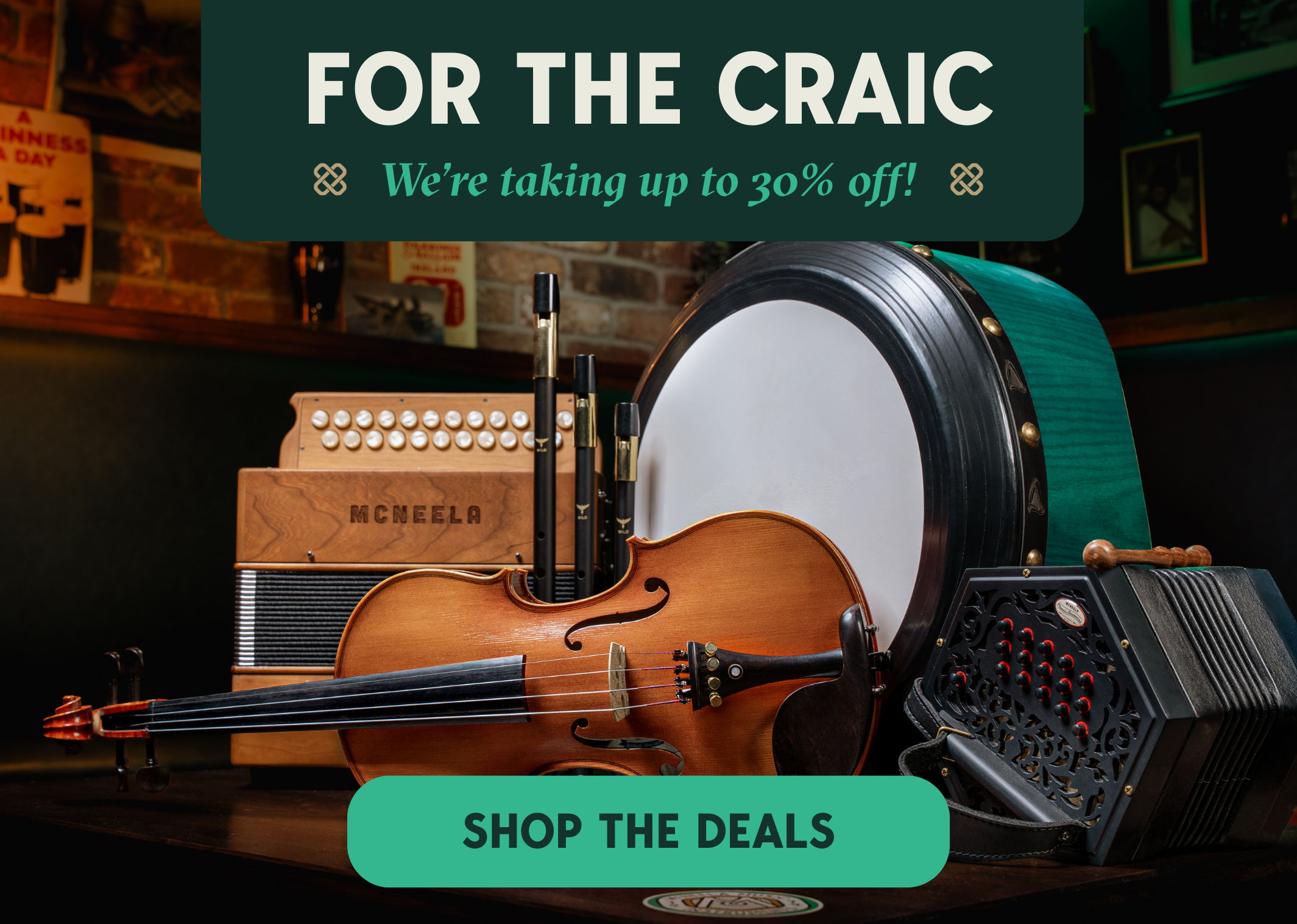 Promotional image featuring musical instruments with a discount message.