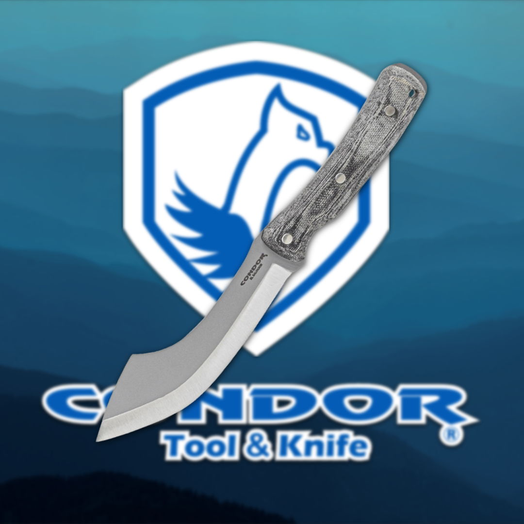 Knife with a curved blade over the Condor Tool & Knife logo.