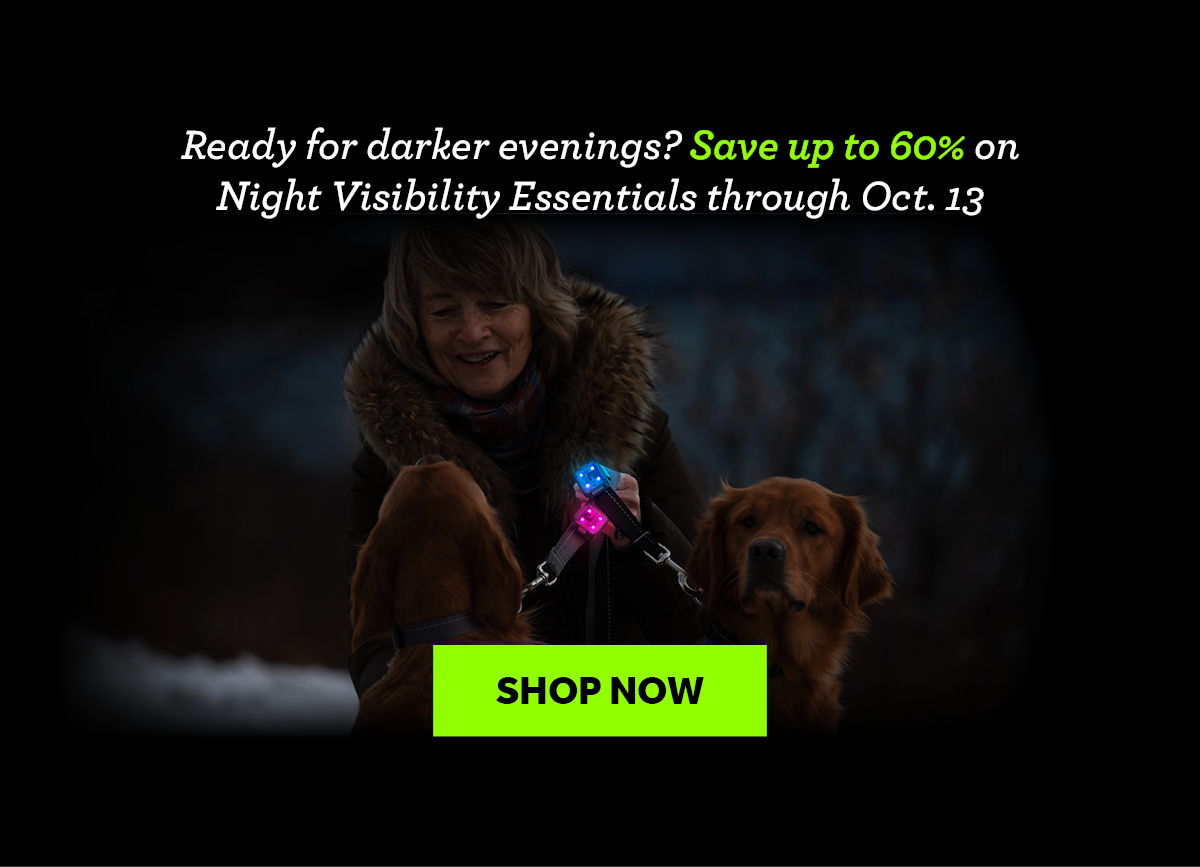 Promotional image for night visibility essentials on up to 60% off sale and shopping call to action.