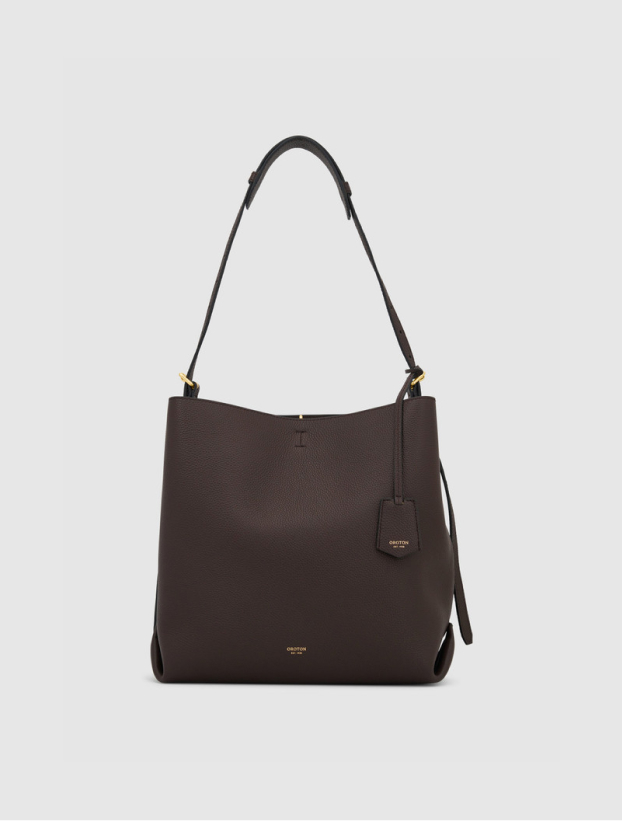 Brown tote bag with a shoulder strap and a small tag.