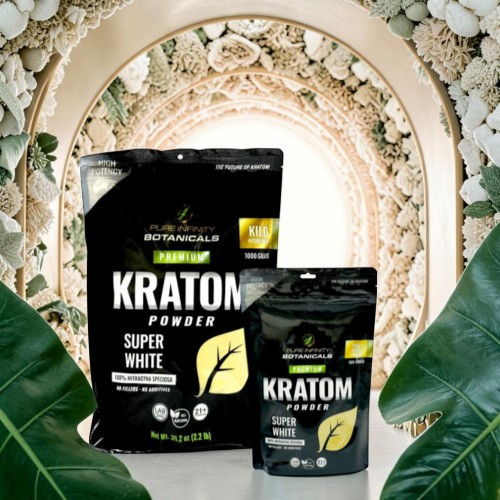 Kratom powder packaging displayed against a floral background.