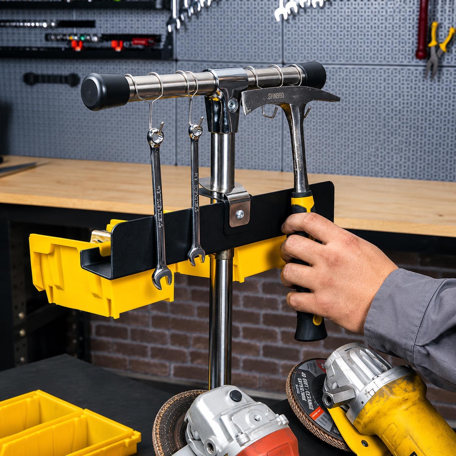 A hand holding a tool organizer with various tools in a workshop.