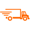 Orange delivery truck icon with motion lines.