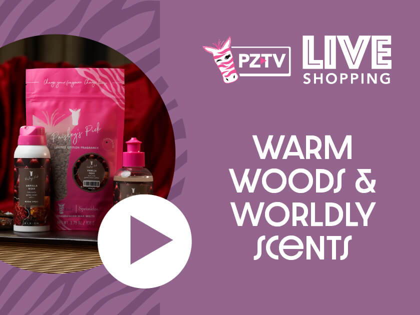 PZTV Live Shopping: Warm Woods & Worldly Scents promotional graphic.
