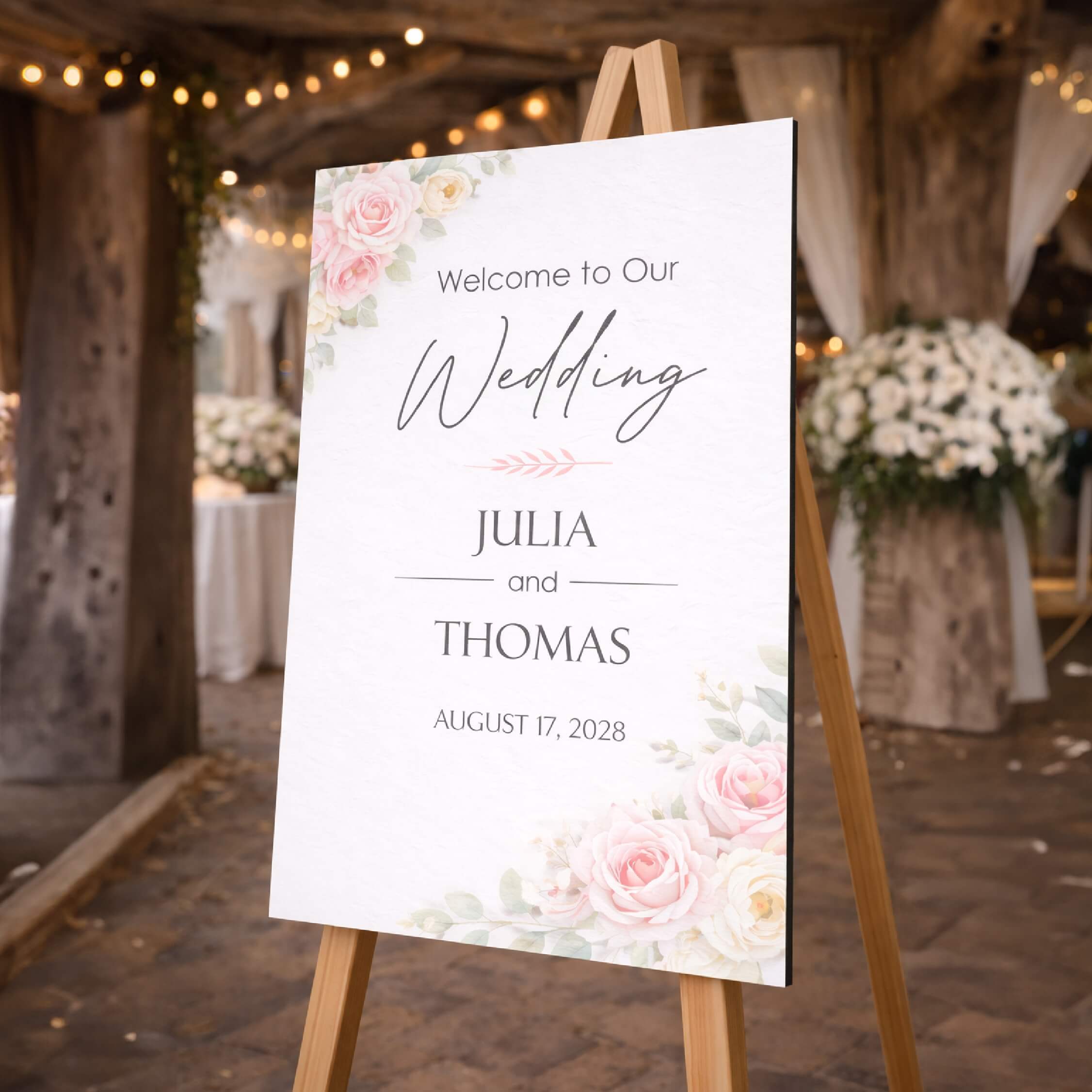 Welcome sign for Julia and Thomas's wedding, March 7, 2023.