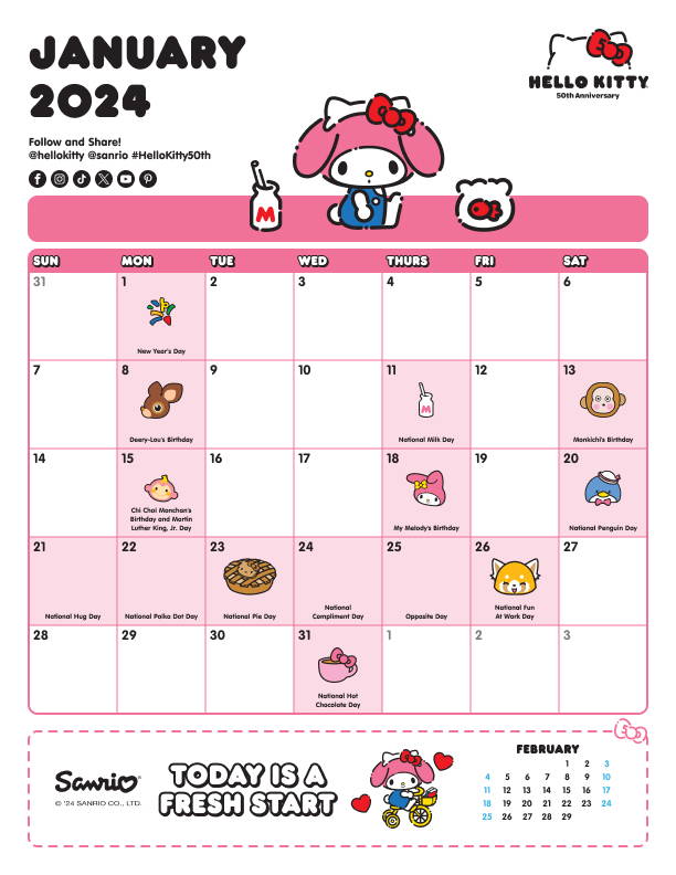 Sanrio Friend of the Month January 2024 Calendar featuring My Melody. 