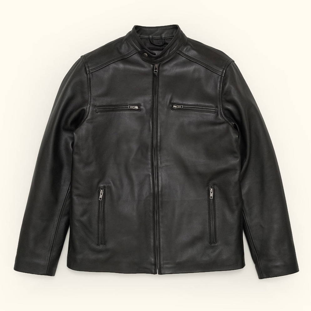 black leather moto jacket zipped up