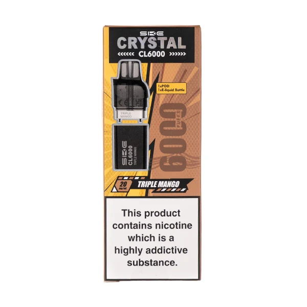 Vaping product packaging with warning about nicotine addiction.
