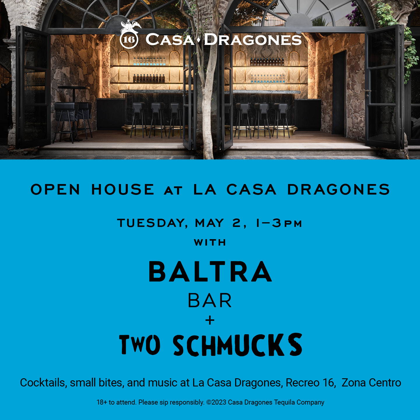 open house at la casa dragones with international mixologists, invitation, baltra, two schumucks