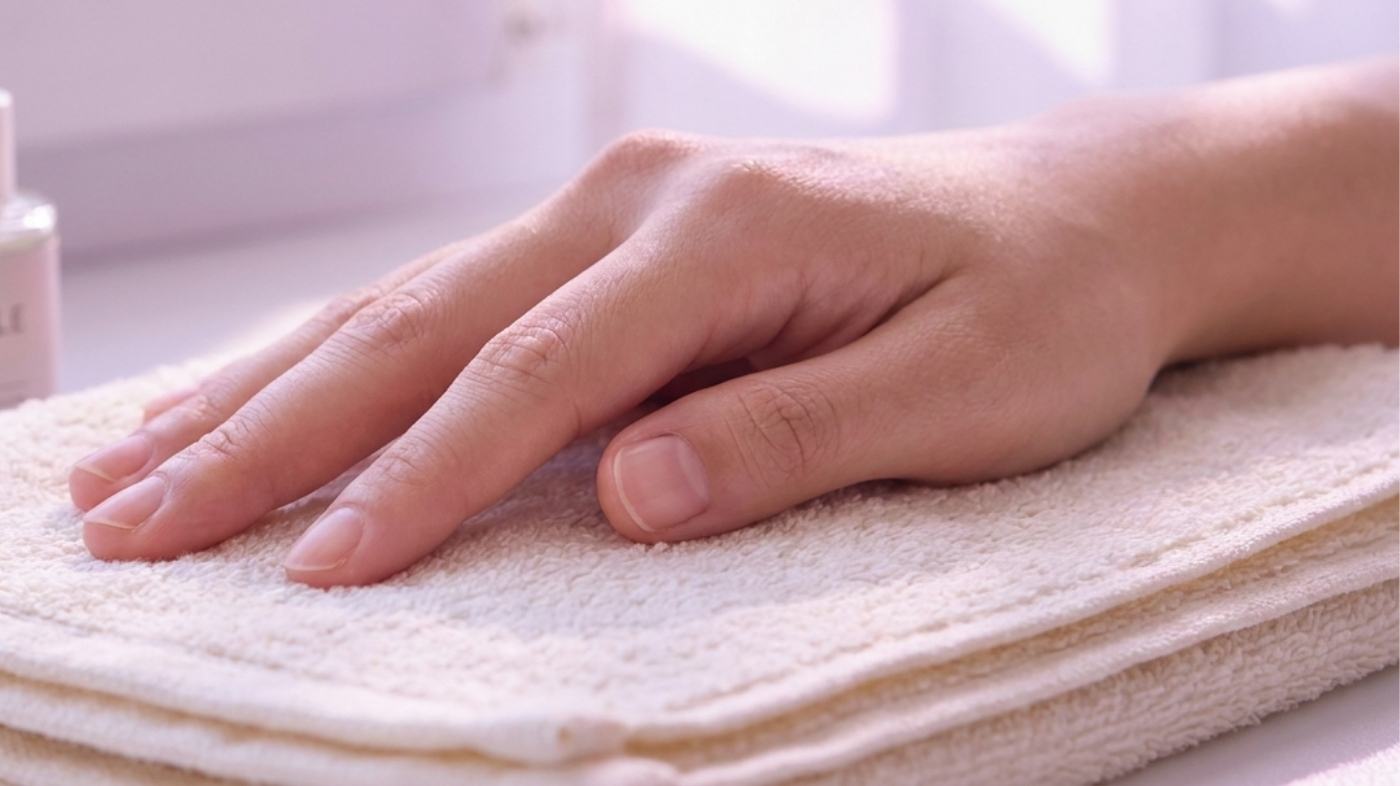 Relaxed hand with short natural nails and a small bottle of cuticle oil on a soft pastel surface, illustrating press-on damage recovery