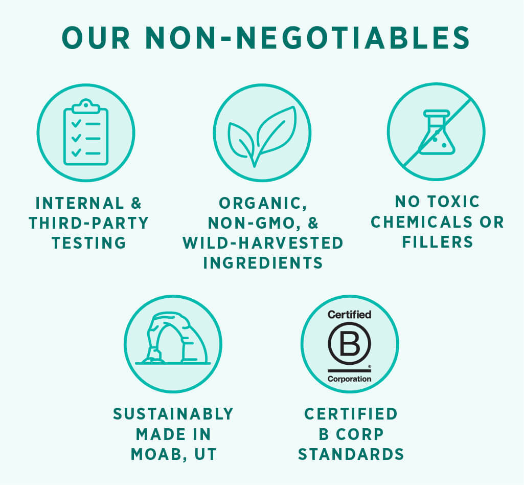 Our non-negotiables: Internal & Third-Party Testing. Organic, non-GMO, & wild-harvested ingredients. No toxic chemicals or fillers. Sustainably made in Moab, UT. Certified B Corp standards.