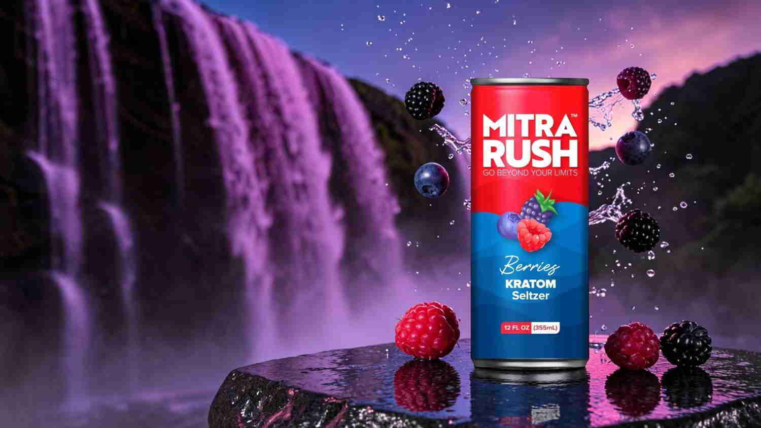 A can of Mitra Rush energy drink with berries in a vibrant setting.