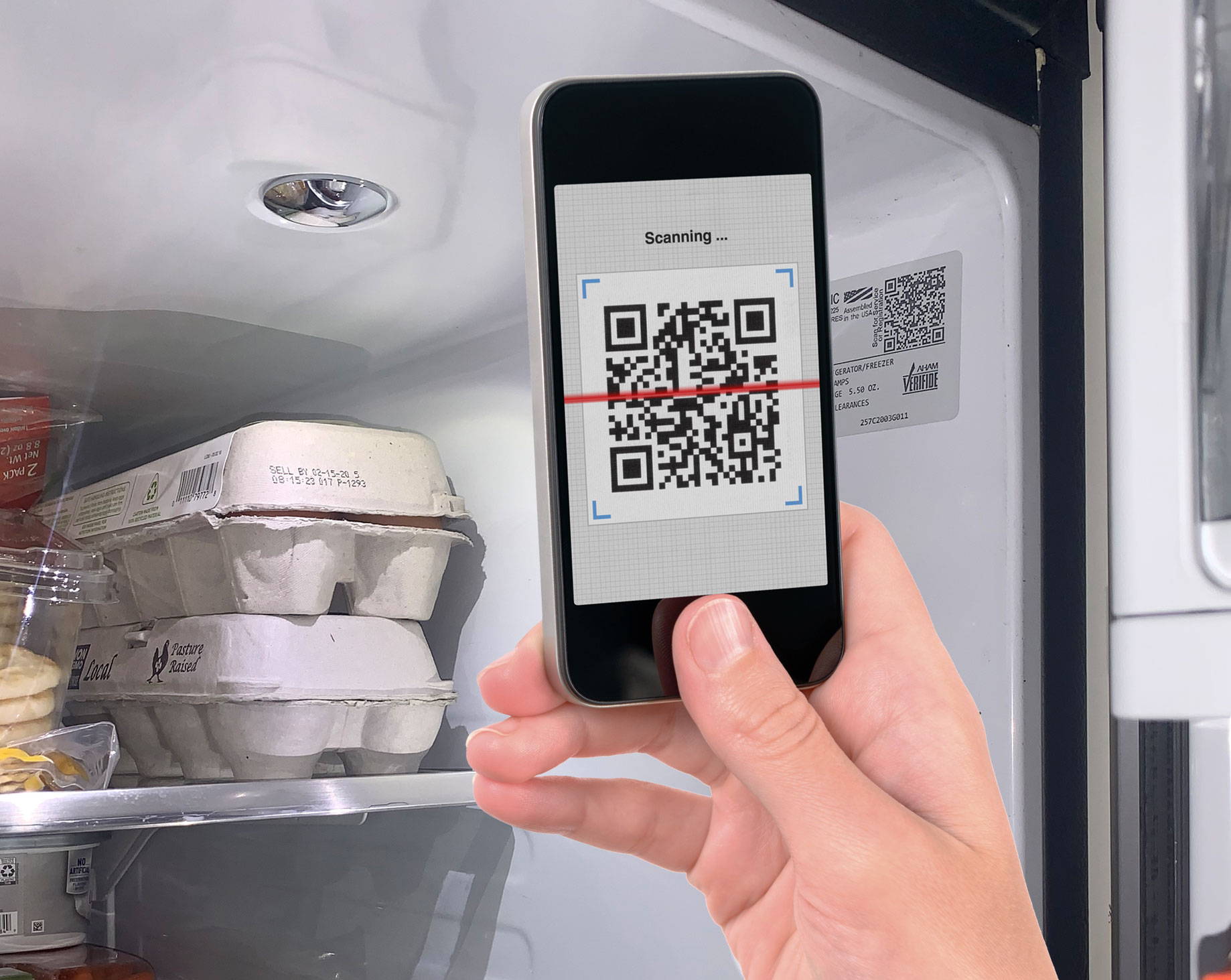 GE Refrigerator with QR code for troubleshooting and support