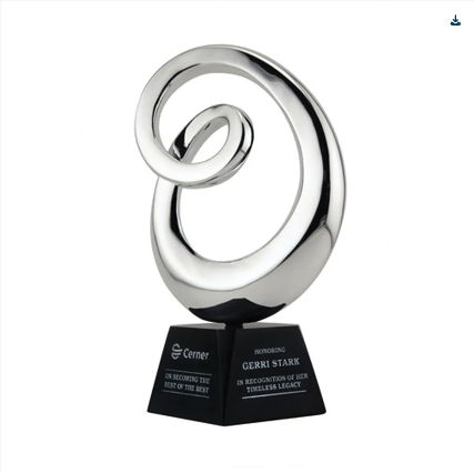 Sleek silver award trophy on a black base with an abstract design.