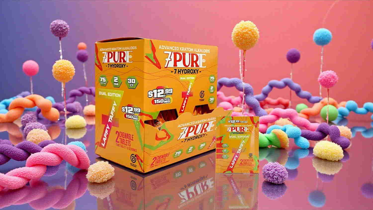 Colorful candy box surrounded by various sweet treats on a vibrant background.