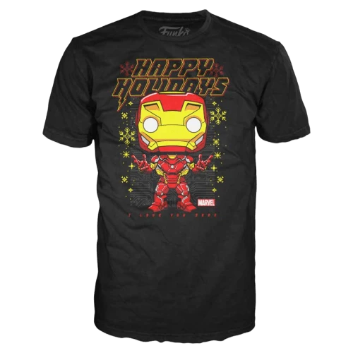 Black t-shirt featuring a cartoon Iron Man with 