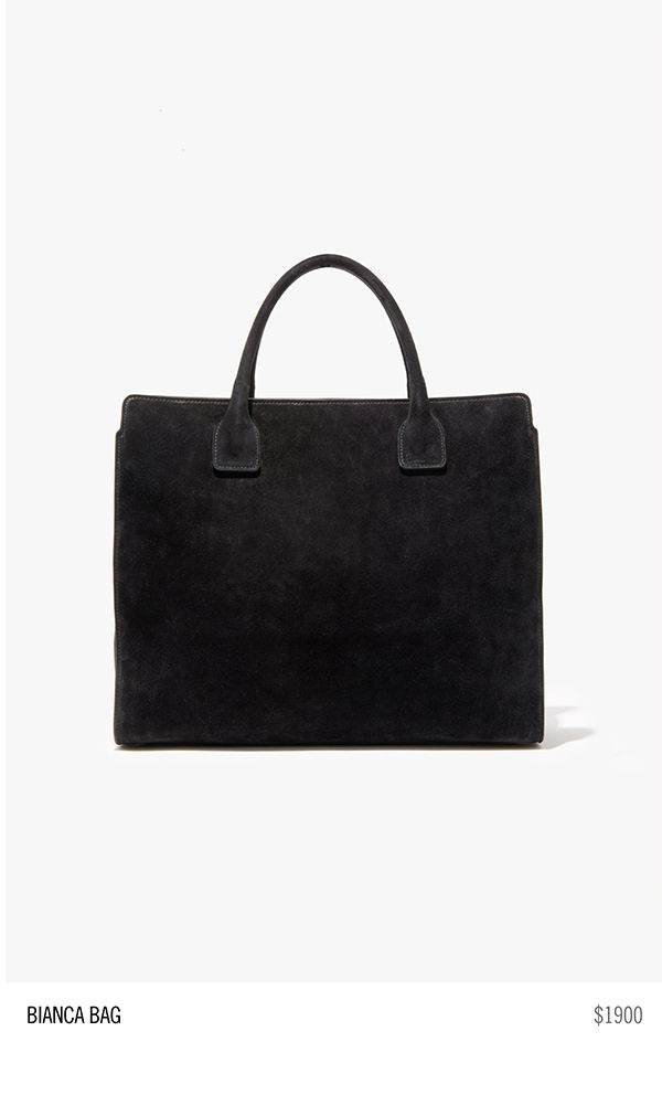 Black suede handbag with two handles, labeled 