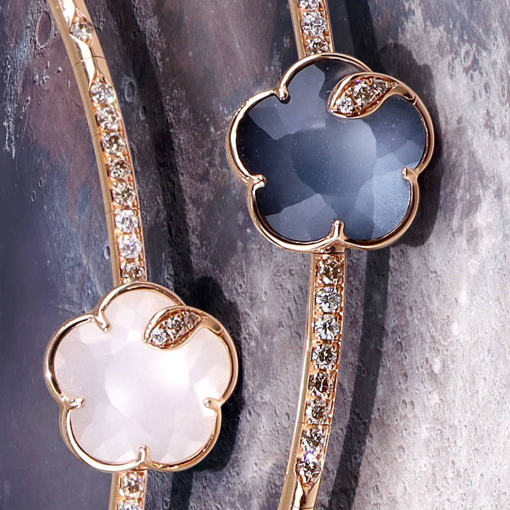 Jewelry featuring flower-shaped stones in gold settings with sparkling accents.