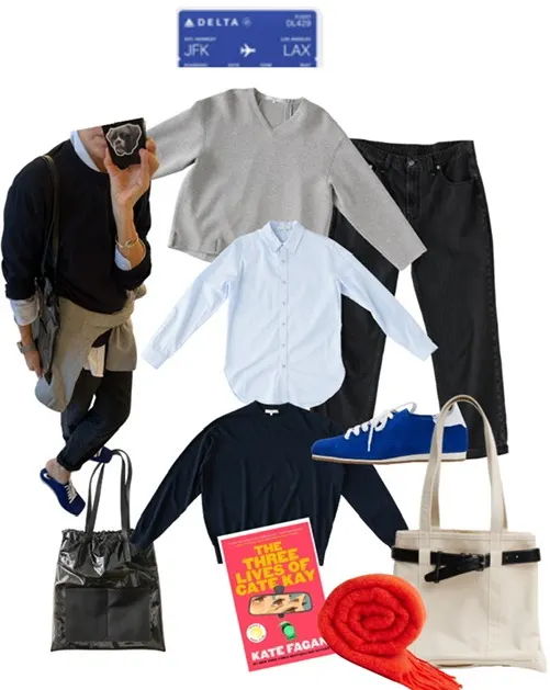 Collage of clothing items, accessories, and a book on a white background.