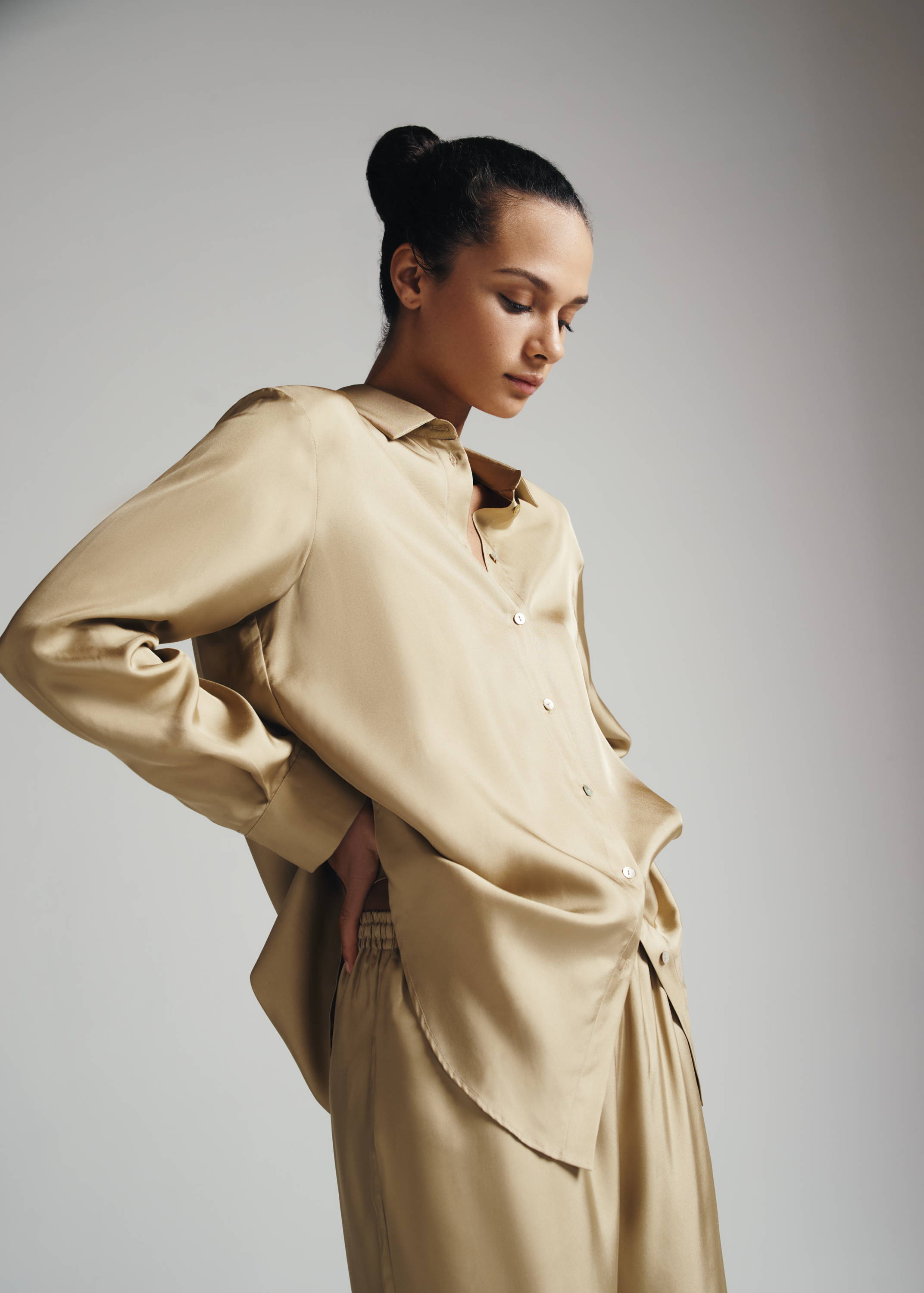 Editorial Fashion model content shoot hay tan silk pyjamas 