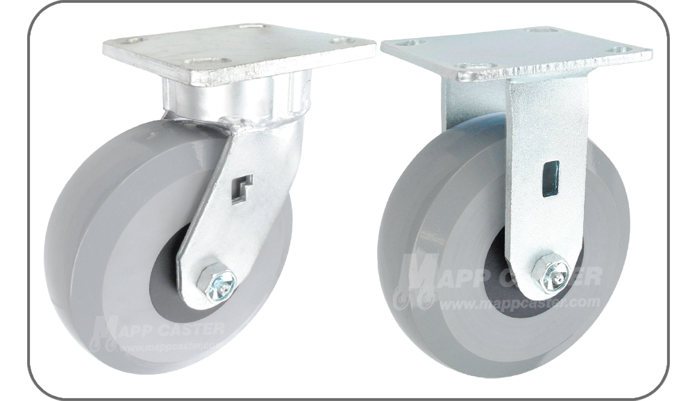 Grey solid polyurethane elastomer plate casters - High capacity, floor protective, non-marking, Chemical Resistant, Water Resistant