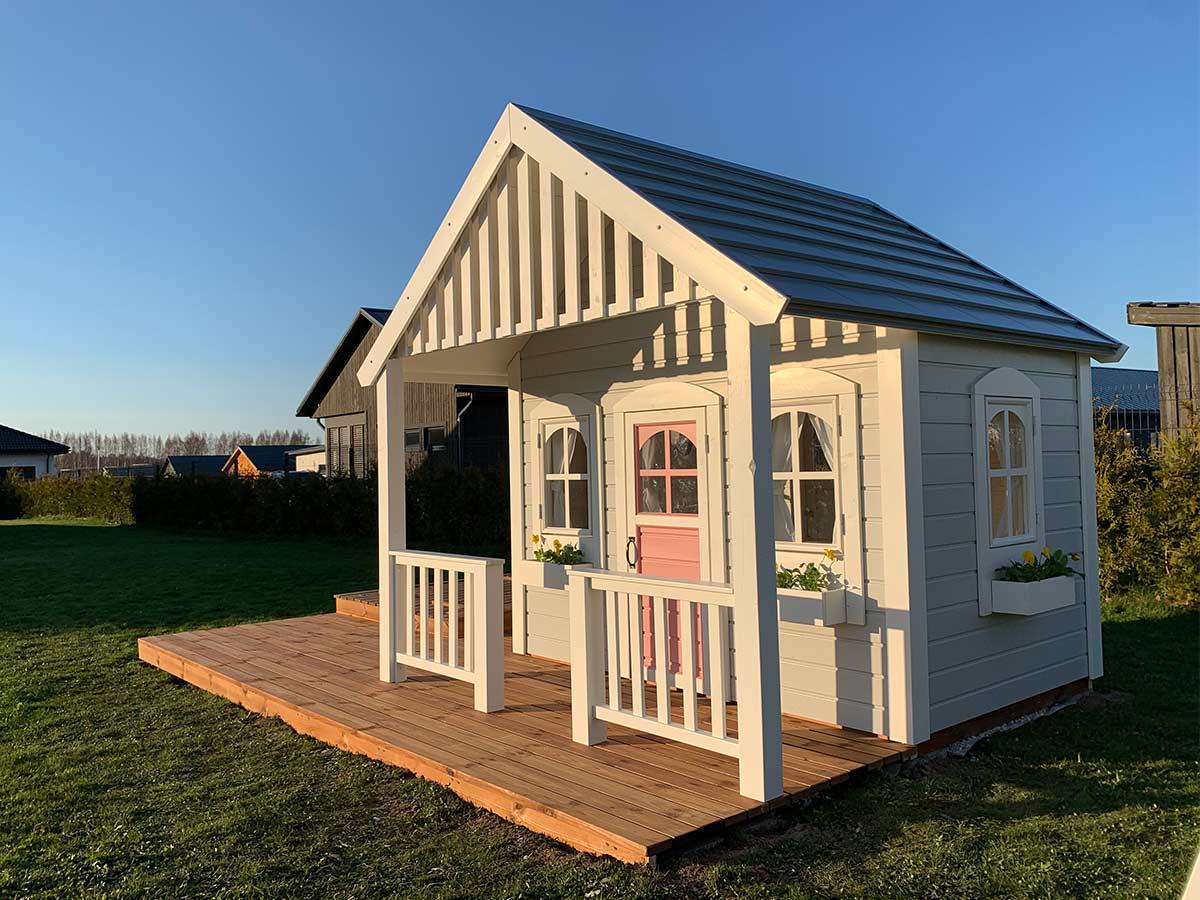 Light Grey Custom Wooden Playhouse With White Trims and Flower Boxes, Metal Roof, Pink Half Glass Door By WholeWoodPlayhouses 