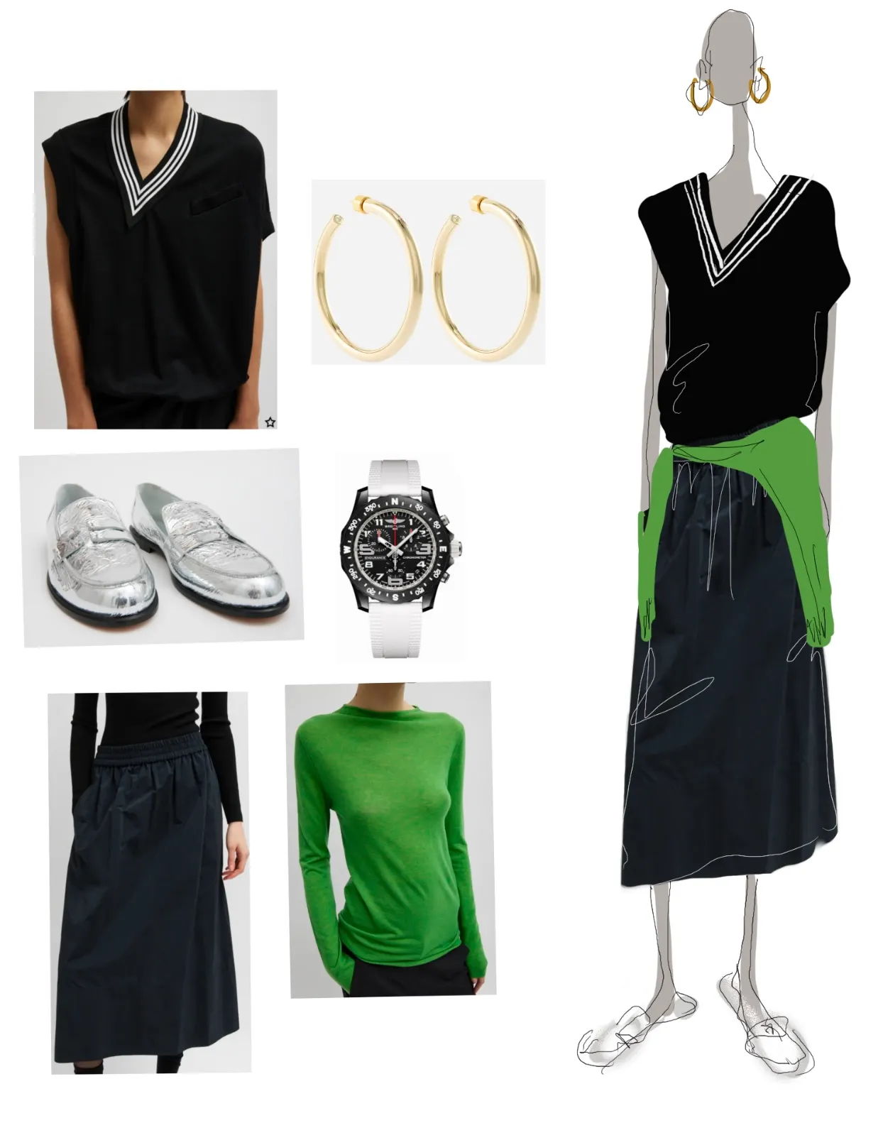 Fashion collage featuring clothing, accessories, and shoes in black, green, and silver.