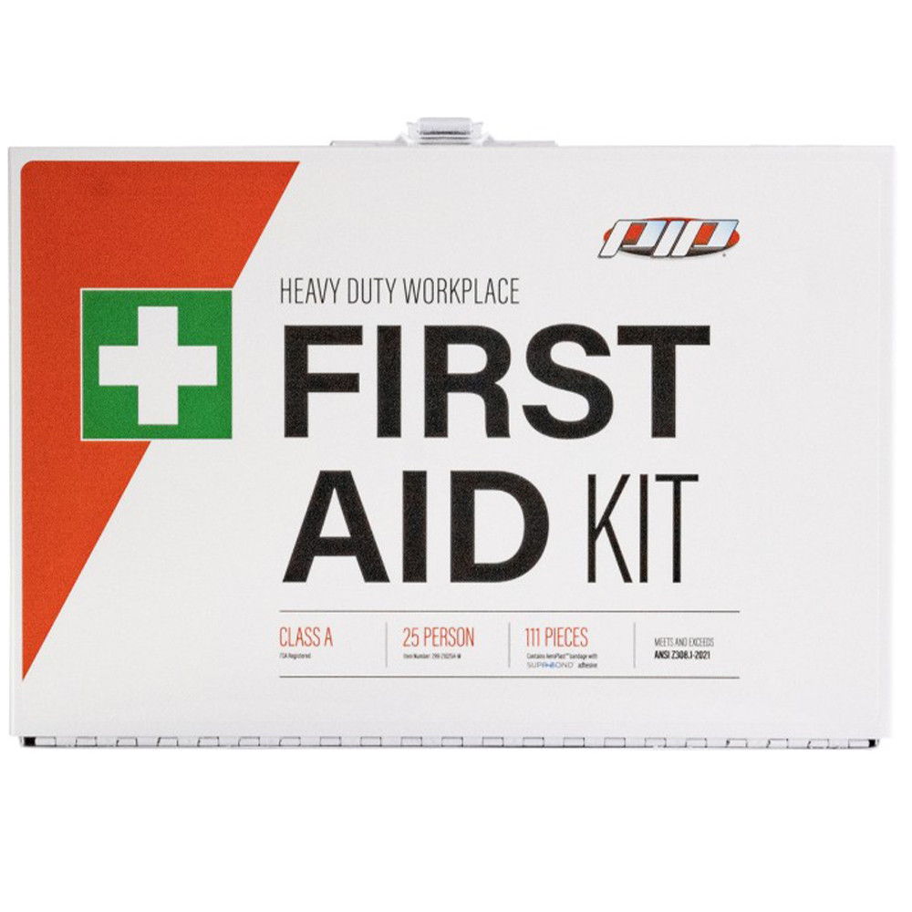 First aid kit with a green cross and bold text.