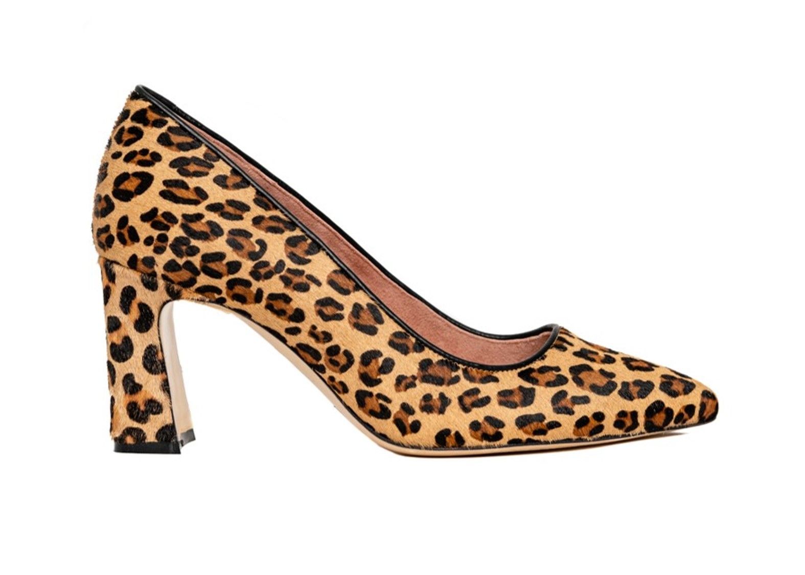 Leopard print high heel shoe with a chunky heel.