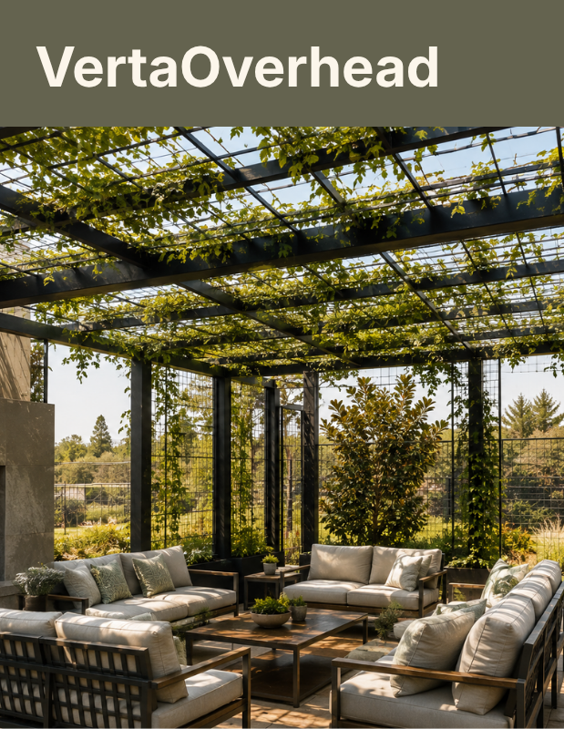 Verta Overhead guide showing overhead trellises in an outdoor seating area with greenery.