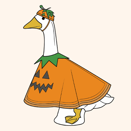 A duck wearing a pumpkin costume with a green collar and headband.
