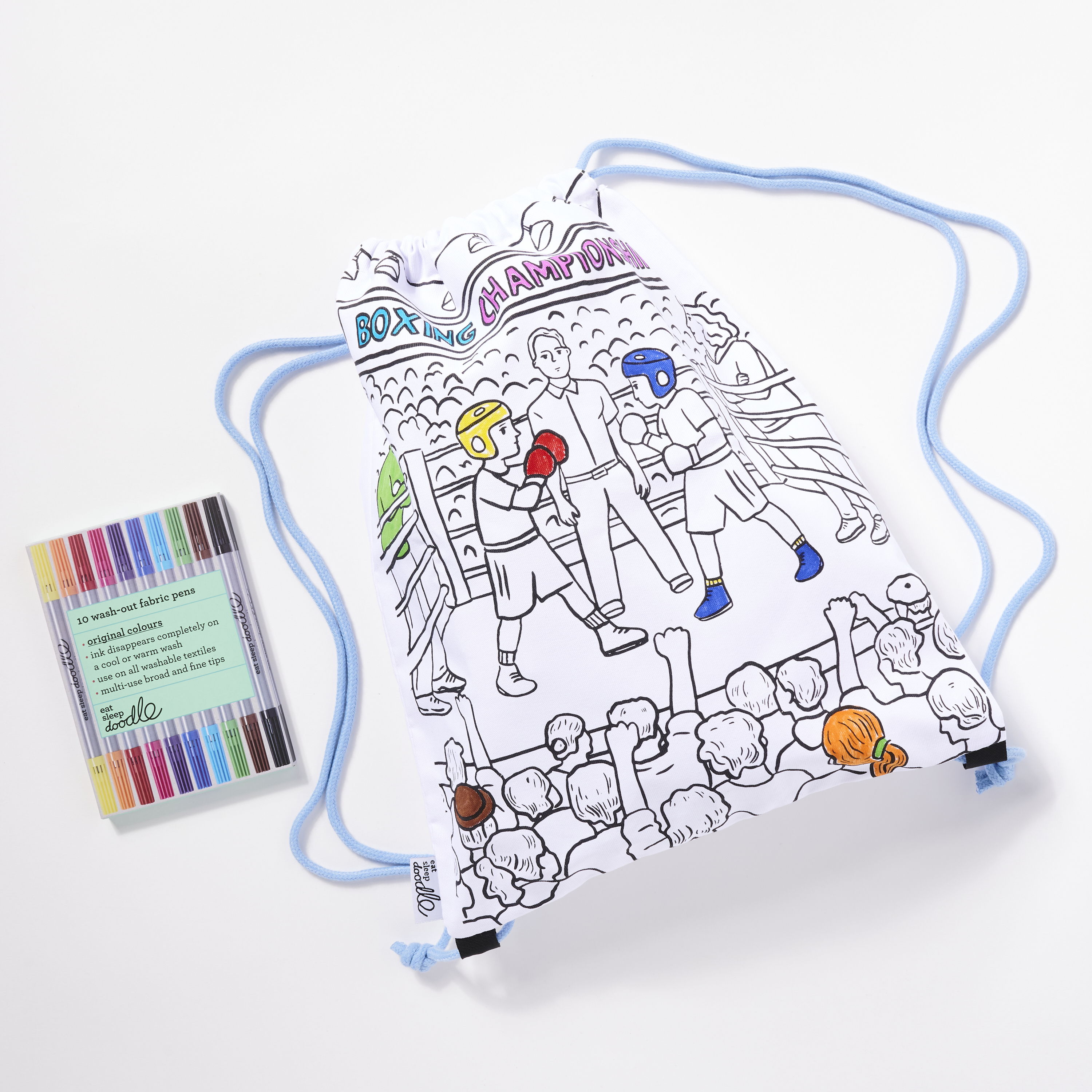 Coloring drawstring bag with boxing theme and colored pencils.
