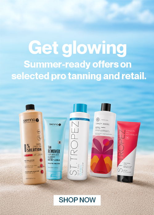 Promotional image featuring tanning products with beach background and text overlay.