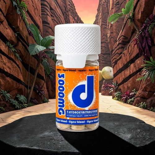 Bottle of dietary supplement in a canyon-like setting.